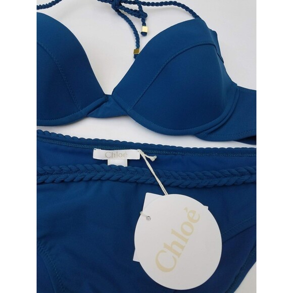 New CHLOE Bikini Swimsuit Size M/44 Rich Blue Push Up Braided waist triangle top - Picture 3 of 5